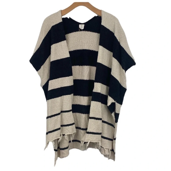 By Together Fringe Poncho Shawl Cardigan Sweater Womens M/L Cream Black Striped - Picture 1 of 7